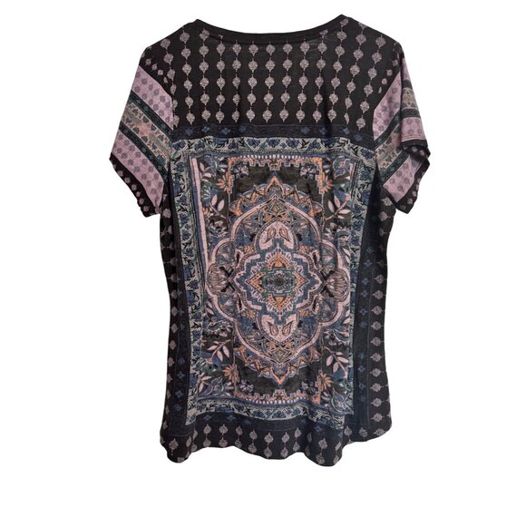 Lucky Brand Tee Size 1X NWT $40 BOHO Print Black Scoop Neck Shirt - Picture 2 of 8